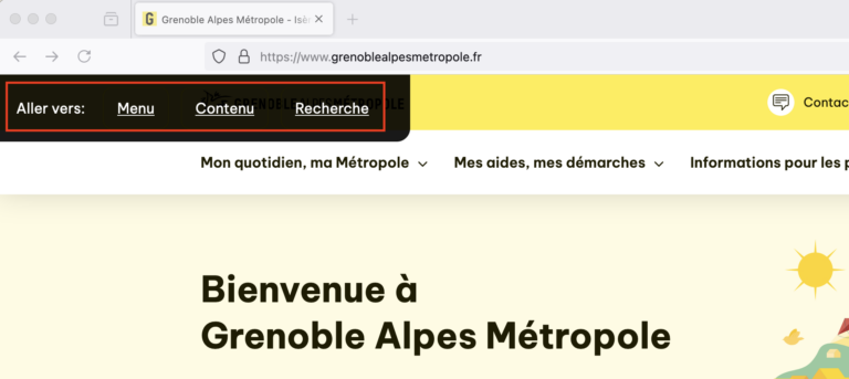 Capture des liens d'accès rapides du site Grenobles Alpes Métropole