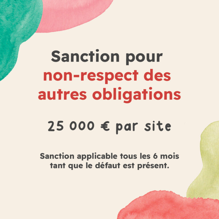 Sanction pour non-respect des autres obligations : 25 000€ par site. Cette sanction est applicable tous les 6 mois tant que le défaut est présent.